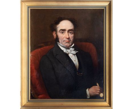 George Grosvenor Bullock ( British, fl. 1827-1859), Portrait of a gentleman holding an ivory gavel, seated in a red chair in 