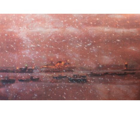 Harold Riley (British, b.1934), Winter ferry at sunset, St. Peter Port, Guernsey, mixed media - print on canvas board with ha