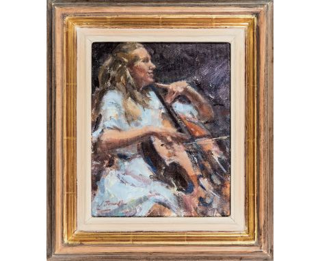 Jonathan Trowell (British, b.1938), 'Portrait study of Jacqueline du Pré', oil on artist board, signed lower left, titled to 