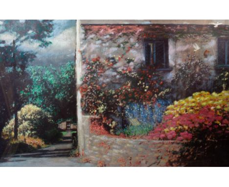 Harold Riley (British, b.1934), Cottage wall, Guernsey, mixed media - print on canvas board with handpainted embellishment, s