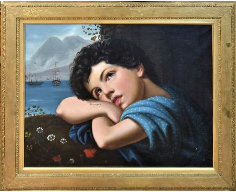 Italian School (19th century), Portrait of a wistful young girl, a landscape beyond with anchored ships and mountains, oil on
