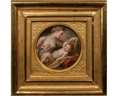 French School (18th century), Madonna and child , circular oil on card, inscribed indistinctly verso, in period-style giltwoo