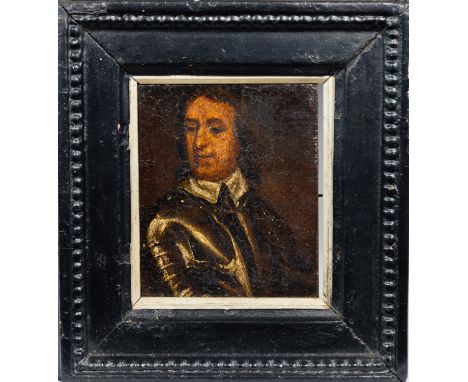 Dutch School (18th century), Portrait of a gentleman in armour, quarter length, oil on oak panel, in an ebonised beaded frame