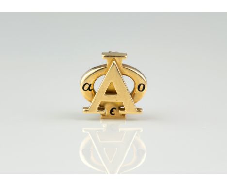 An American 10ct gold and black enamel Fraternity badge for Alpha Epsilon Omicron, stamped 'Robert A. Dickinson' and dated '1