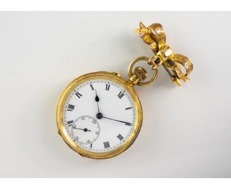 An 18ct gold fob wound open face fob watch, early 20th century, with gilt three-quarter plate lever movement, white enamel Ro