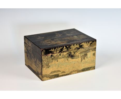 A Chinese export gilt decorated black lacquer tea chest or caddy, early 19th century, the exterior decorated with figures in 