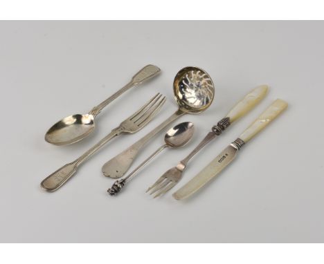 A small group of silver flatware, including a late Victorian sifter ladle, Edward Barnard & Sons Ltd., London 1899; an Edward