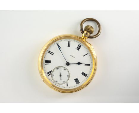 An Edwardian 18ct gold open face fob wind pocket watch, the case hallmarked London 1910, 39mm. white enamel Roman dial with s