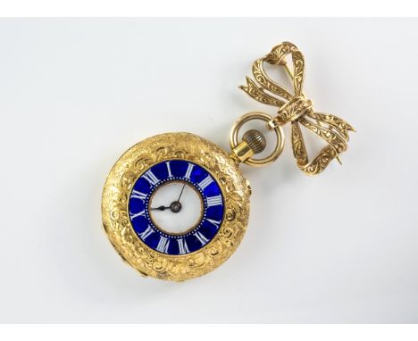 An 18ct gold and enamel half hunter fob watch by Baume & Co., early 20th century, signed fob wound gilt metal lever movement,