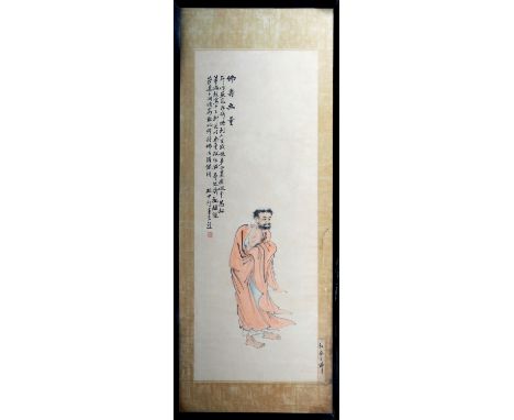 A 19th / early 20th century Chinese watercolour scroll painting on paper, depicting a sage standing in bare feet in pale red 