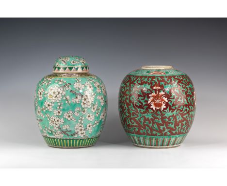 Two Chinese porcelain ginger jars, both probably early 20th century, of ovoid form, the first jar and cover with prunus bloss