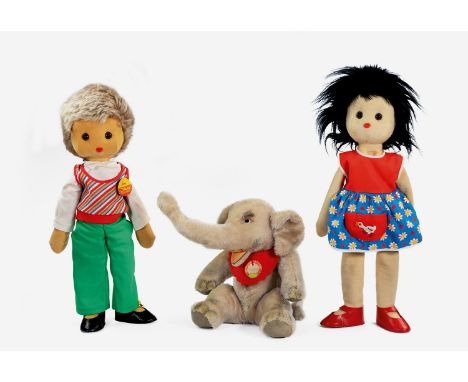 Two Steiff Gabi and Jim soft dolls, c.1976, #7877/45 Jim with blonde mohair hair, with original tag and button with label to 