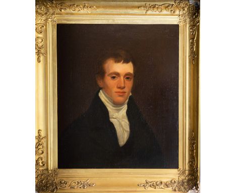 English School (19th century), Portrait of a young gentleman, quarter length, dressed in dark coat, white neckcloth and winge