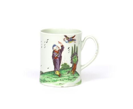 A Worcester mug  c.1756-58, the slightly tapering cylindrical form painted with the Beckoning Chinaman pattern, the standing 