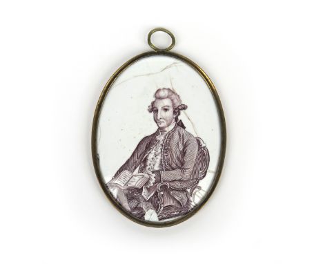 A Birmingham enamel theatrical portrait plaque c.1780-90, the oval form printed in manganese with a half-length portrait of S