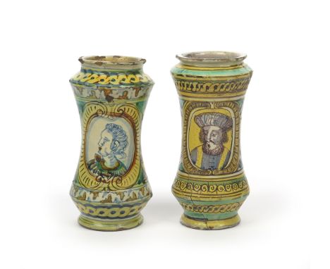 Two Sicilian maiolica albarelli  17th/18th century, Palermo, one painted with the heads and shoulders portrait of a bearded g