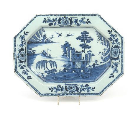 A large Irish delftware charger or meat dish  c.1760, the elongated octagonal form painted in blue with two birds in flight a