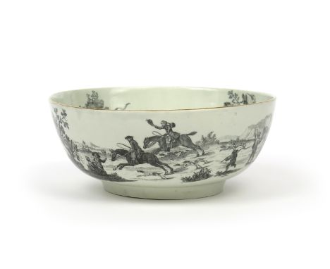 A good Worcester printed punch bowl  c.1770-75, the exterior printed in black with a continuous scene of the The Fox Hunt aft