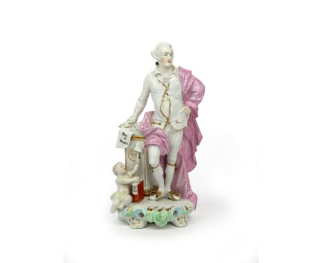 A large Derby figure of John Wilkes c.1765-70, standing and resting one hand on a square plinth, atop of which rests a scroll