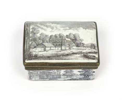 An English enamel snuff box  c.1760, the rectangular form printed in black with a Customs House at the water's edge, the side