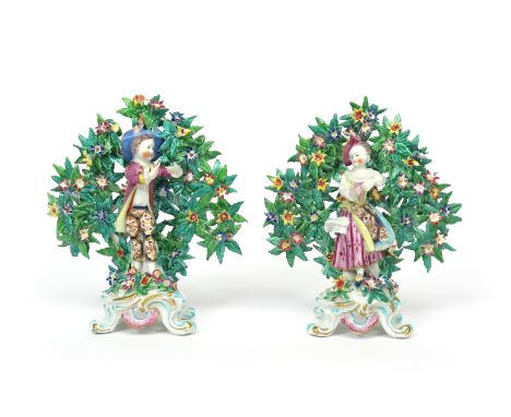 A pair of Bow figures of the New Dancers  c.1765, the young couple standing in typical animated poses, wearing brightly patte