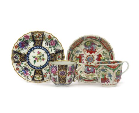 Two Worcester Warmstry fluted cups and saucers  c.1760-70, one decorated with the Dragons in Compartments pattern, the other 