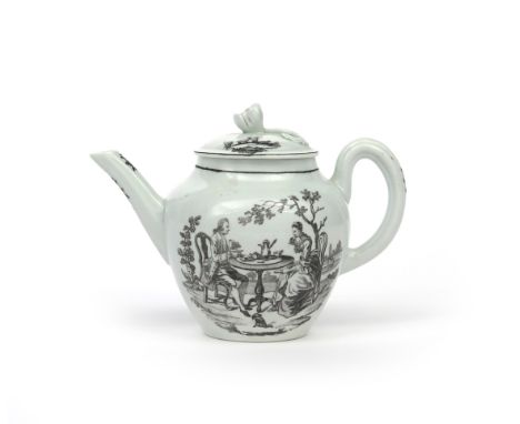 A small Worcester teapot and cover  c.1756-60, the baluster body printed in black with the Tea Party No 3 pattern, a couple s
