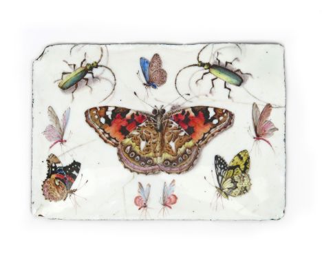 A Birmingham enamel plaque or box lid c.1760, finely painted with a large butterfly with wings outstretched, surrounded by fu