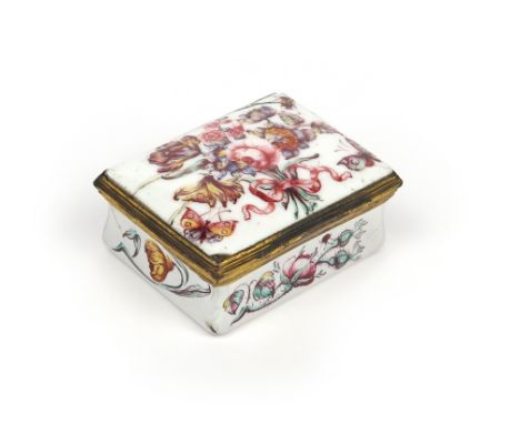An English enamel snuff box  c.1770, of rectangular form, painted with butterflies around a tied bouquet to the cover, a sing