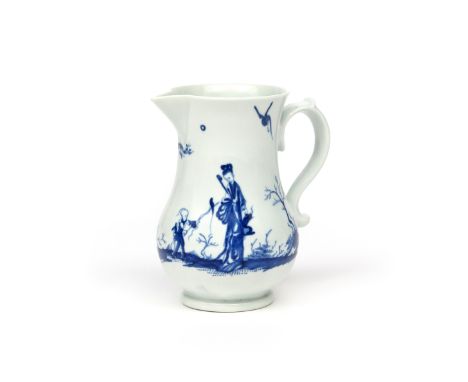 A Worcester blue and white jug  c.1758, well painted with the Walk in the Garden pattern, a long Eliza figure with a small bo