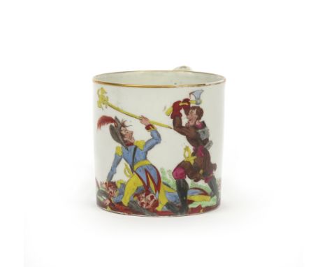 A Coalport Napoleonic mug  c.1813, printed and coloured with a scene of Napoleon being attacked by a Russian wielding an axe,