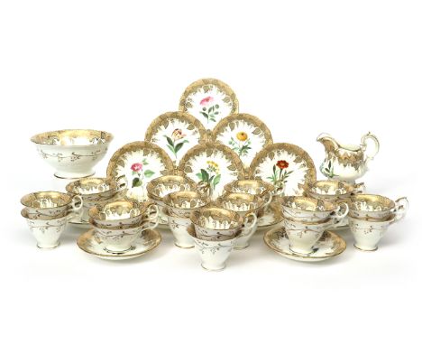 An English porcelain botanical part tea service  c.1840, each piece painted with a botanical specimen, the cups to the interi