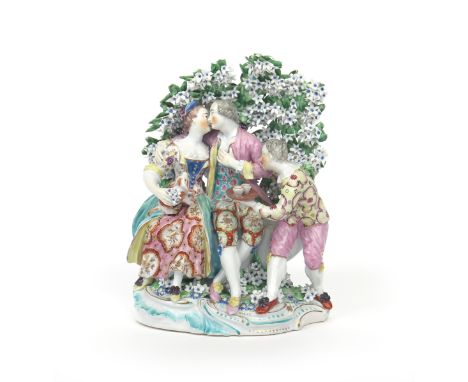 A rare Derby figure group of Isabella with a Gallant and Jester  c.1765, after a Meissen group of The Hypochondriac by J J Kä