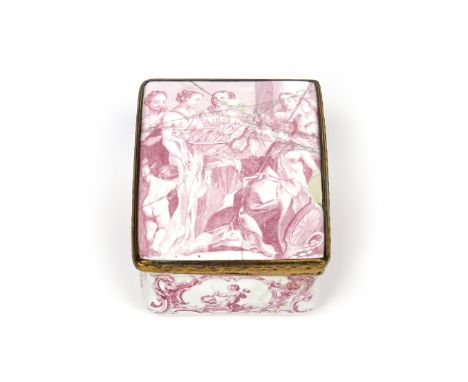 A Battersea enamel snuff box  c.1750-55, the rectangular form engraved by Ravenet, printed in puce to the top of the cover wi
