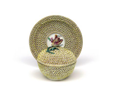 A Chelsea May Blossom bowl with cover and stand  c.1760, after Meissen, applied with a dense ground of small yellow flowerhea