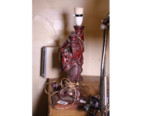 Oriental style carved wood table lamp