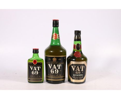 Three bottles of VAT 69 blended Scotch whisky including 40% 1.13litres, Reserve 40% abv 75cl and 43° GL 187.5ml, (3). 
