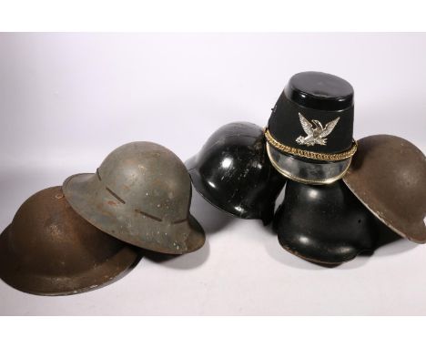 WWII Brodie type helmet stamped 'F&amp;L 1/1939' and personalised 'A R Keddie', with leather liner, another stamped 'AMC? 3/1