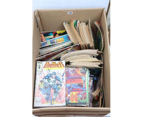 A box of vintage comics to include Marvel and DC Comics including The Avengers (1974), The Punisher (1988), Loner (1990?), Co