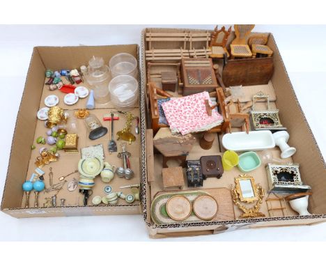 Group of vintage dolls house furniture to include fireplace, bed, chairs, towel rail, Pit-A-Pat Series of London radio, Taylo