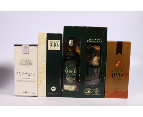 Four bottles of single malt Scotch whisky including DALWHINNIE 15 year old 43% abv 75cl, GLEN ORD 12 year old gift set 40% 70