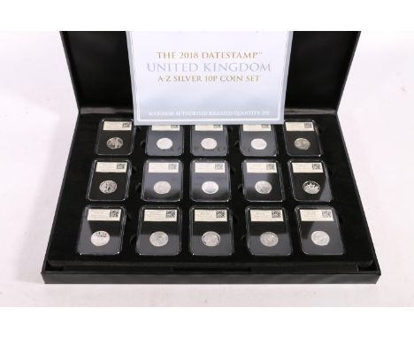 DateStamp UNITED KINGDOM Elizabeth II A-Z silver proof ten pence 10p coin set 2018, each coin slabbed by DateStamp of Poole, 