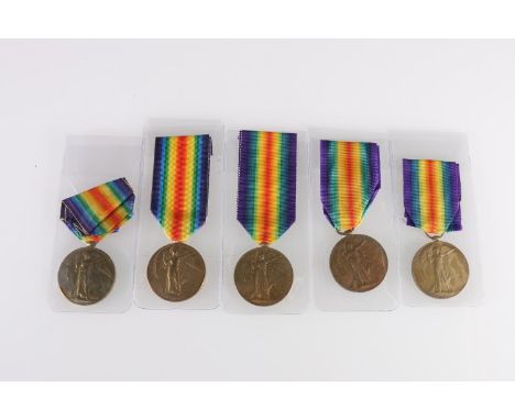 Five British WWI Victory medals awarded to casualties, killed in action KIA, died of wounds DOW, fallen soldiers including: 8