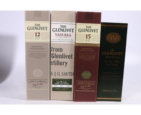 Four bottles of THE GLENLIVET single malt Scotch whisky including 15 year old 40% abv 70cl, 12 year old 40% abv 70cl, Nadurra