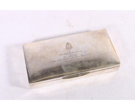 Cigarette box with wood lined triple division interior, engraved with Royal Army Medical Corps RAMC crest and inscription "To