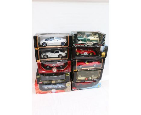 Ten 1:18 scale diecast collectors model cars including Motor Max 73109 1958 Chevrolet Corvette, Anson Metal Series 30317W Lot