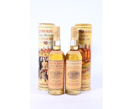 Two bottles of GLENMORANGIE old style 10 year old Highland single malt Scotch whisky 40% abv 70cl in Glenmorangie Distillery 