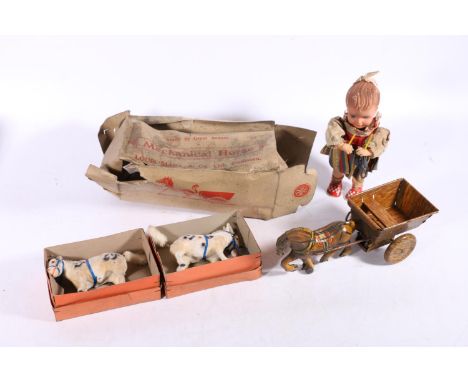 Louis Marx tinplate clockwork 'Mechanical Horse' horse and cart model boxed, an Emso clockwork automaton of a knitting girl (