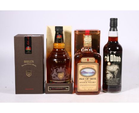 Three bottles including BELL'S 21 year old Royal Reserve blended Scotch whisky 40% abv 75cl boxed, CU DUBH black single malt 