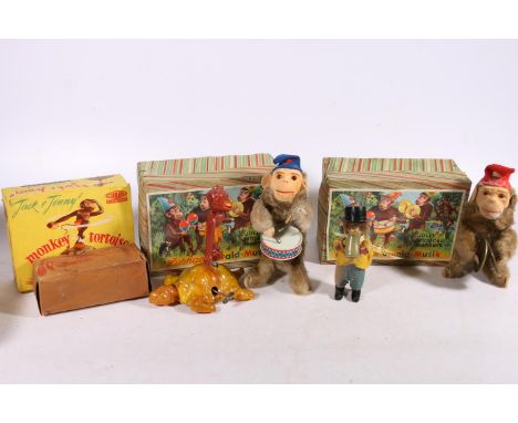 Mettoy clockwork 'Jack &amp; Jenny' monkey and tortoise automaton boxed, an American Best Maid 'Boozing Monkey' boxed and two